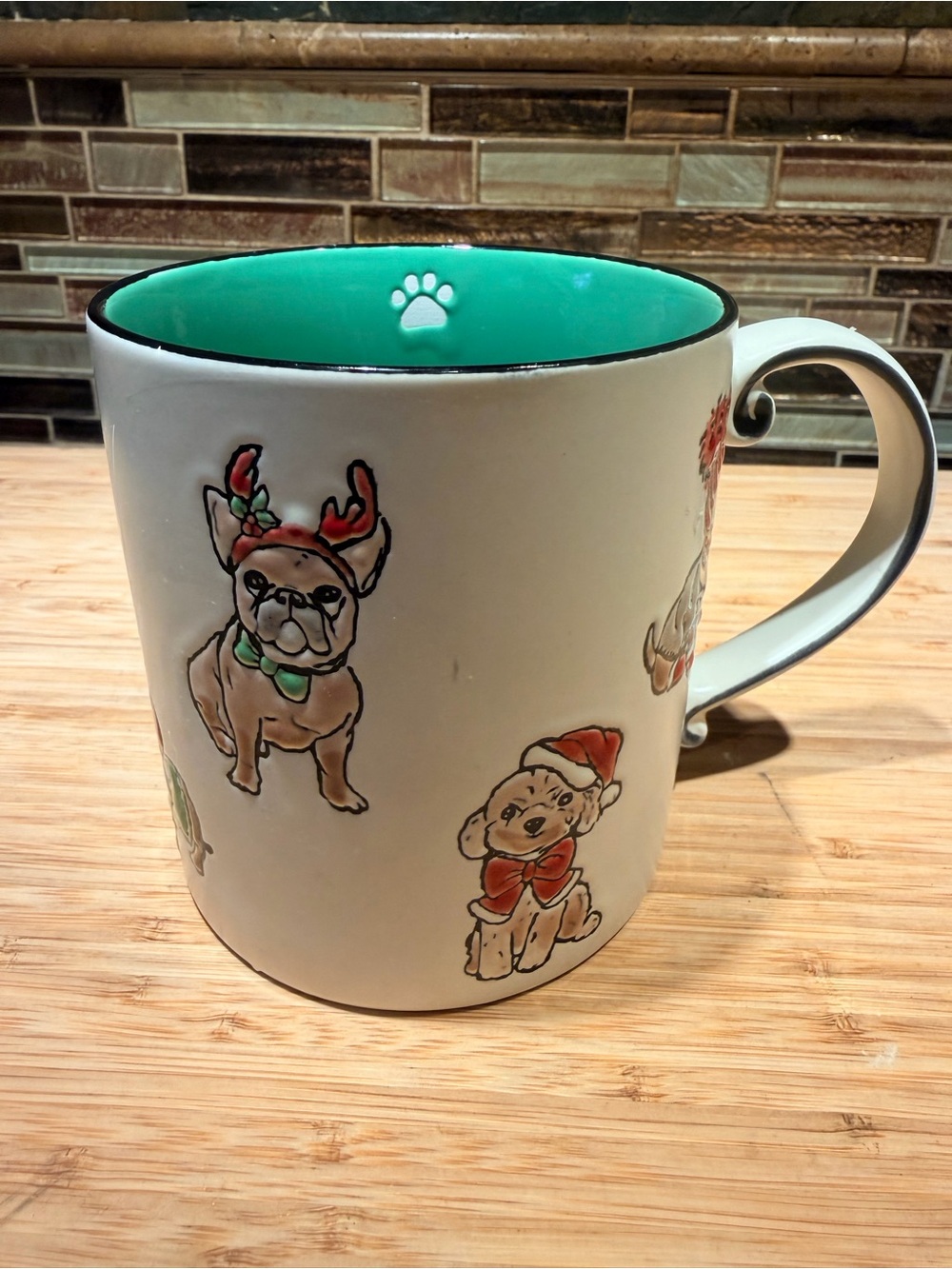 Holiday Puppy Ceramic Mug with Teal Interior 24 oz
